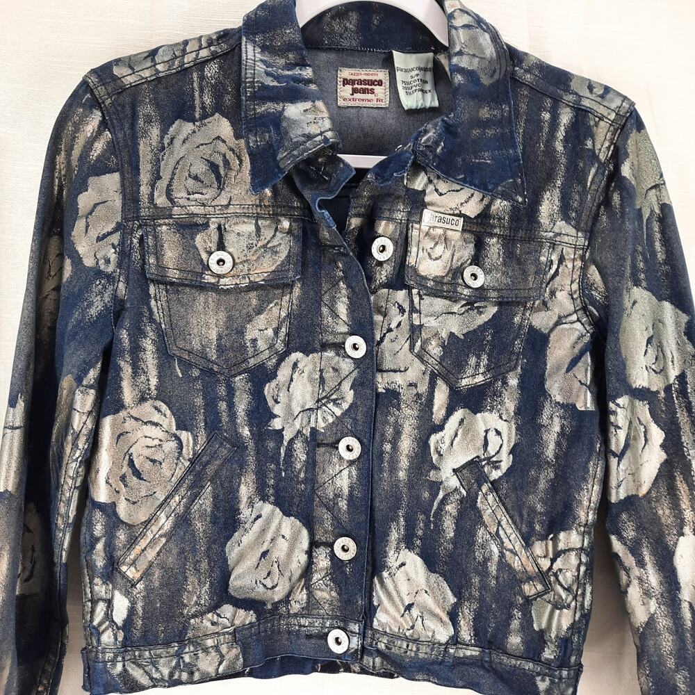 Vintage Parasuco Jeans Y2K Denim Jean‎ Jacket Metallic Silver Roses Size Small